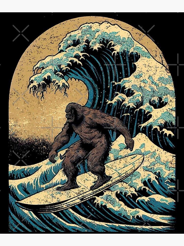 Bigfoot surfing the great wave off kanagawa japanese art - Funny sasquatch  or yeti vintage Graphic Illustration | Poster