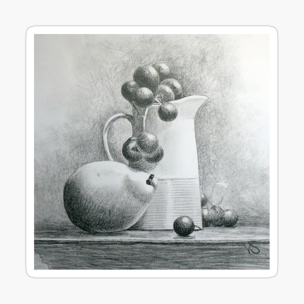 Still Life with Pear & Grapes Pencil Drawing