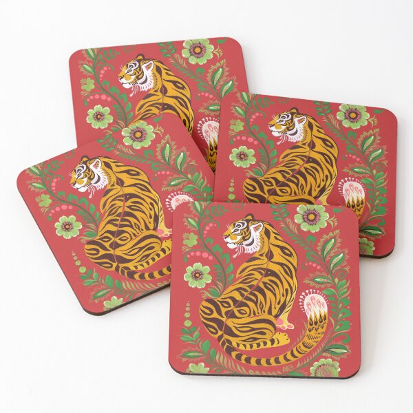 Tiger Folk Art Coasters (Set of 4)