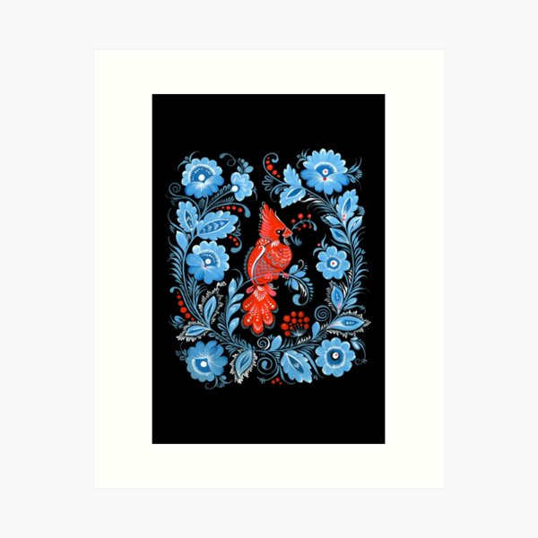 Christmas Bird Folk Art Art Print