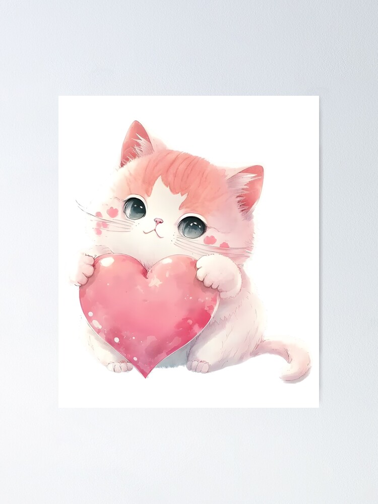 Set of cute Valentine's day stickers with cats in kawaii style