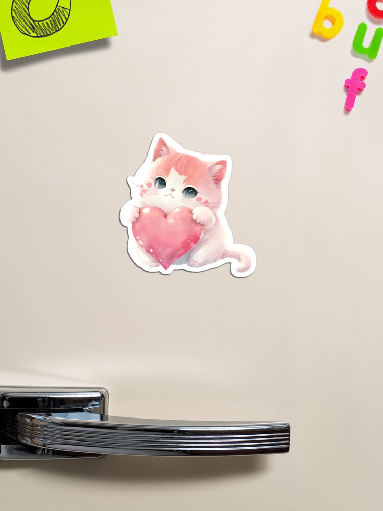 Cute Cat Lover Gift Love Pink Heart Watercolor Kitty Kitten Valentines Day  | Magnet