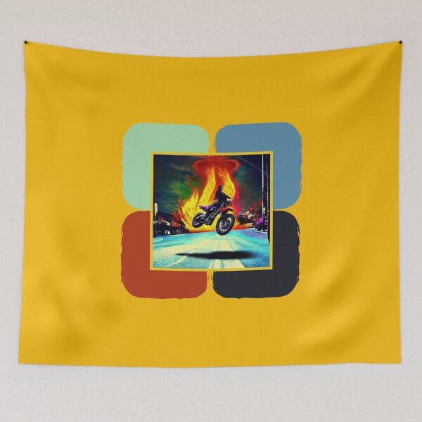 Item preview, Motorcycle Stunt Rider Riding through fire in a Psychedelic Style Design designed and sold by CoyoteGifts.
