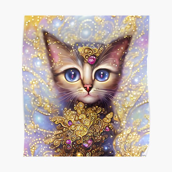 Fantasie Kätzchen mit Edelsteinen und Gold-Ornamenten verziert Poster