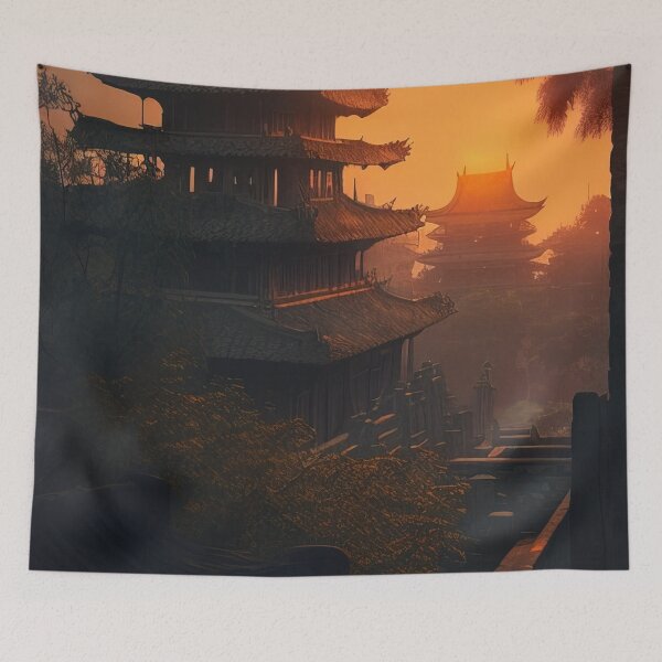 Item preview, Ancient japanese palace courtyard at sunset illustration designed and sold by RK - Shop.