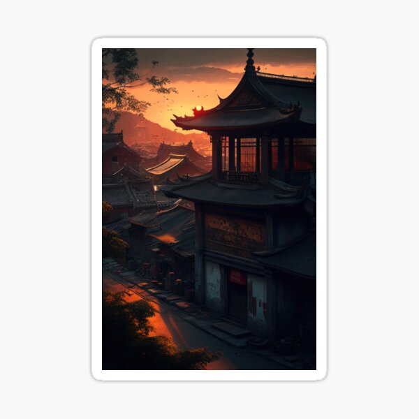 Artikel-Vorschau von Alte japanische verlassene Stadt bei Sonnenuntergang Illustration, designt und verkauft von RK - Shop.