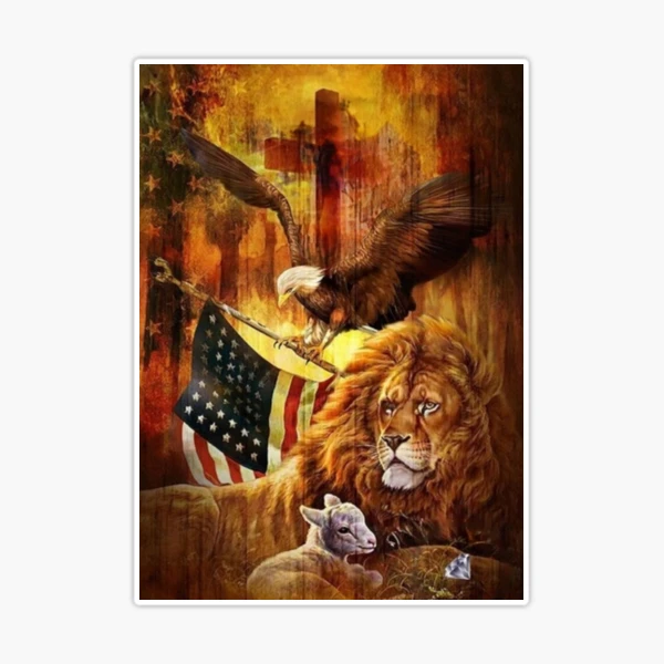 Lion Lamb Dove Cross American Flag Sticker - 5 Inch Vinyl Bumper Decal