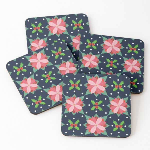 Item preview, Poinsettias and Holly leaves and berries on a navy background. designed and sold by MarcyBrennanArt.
