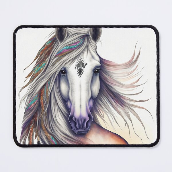 Item preview, Colorful White Horse with flowing mane - Pencil Drawing - Boho Horse Portrait designed and sold by photo4u2.