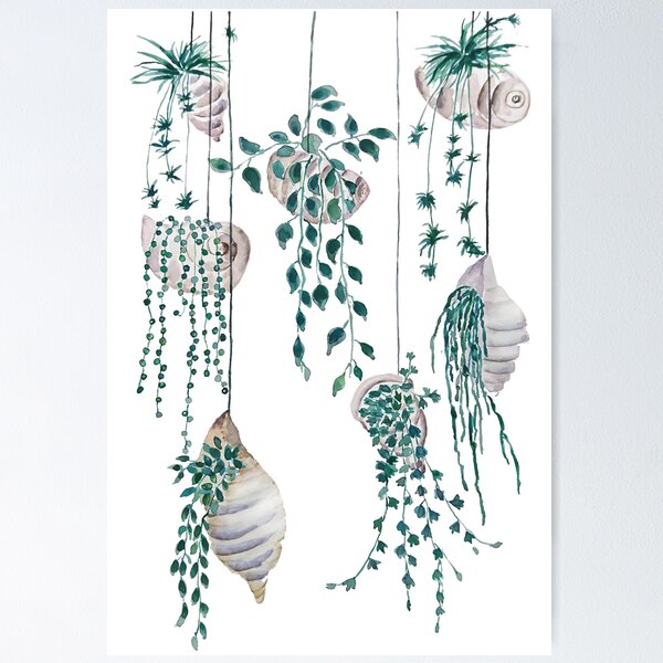 Item preview, hand painted Hanging plants in seashells watercolor  designed and sold by ColorandColor.