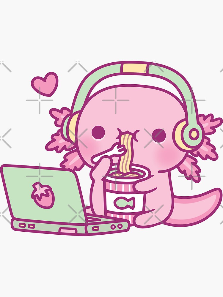 Imagen 3 de 3, Pegatina con la obra El lindo axolotl ama los fideos instantáneos y el anime, diseñada y vendida por rustydoodle.