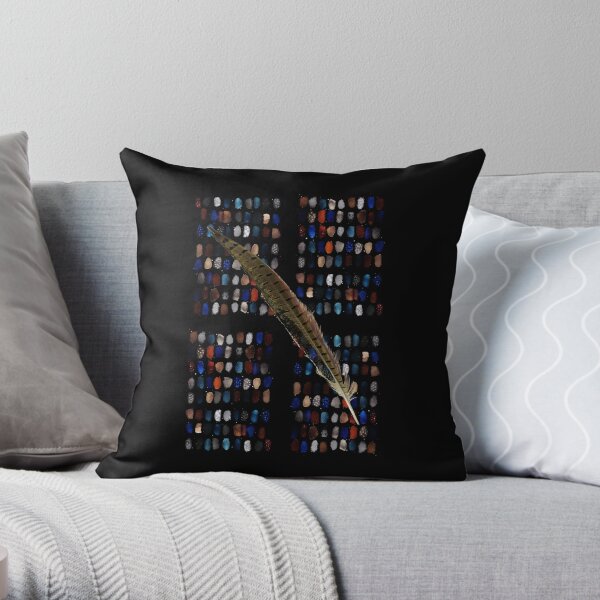 Whispers - feather on colorful ovals on black Throw Pillow