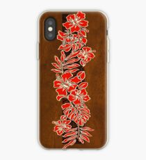 Kalaheo Hawaiian Hibiscus Faux Koa Wood Surfboard - Red iPhone Case