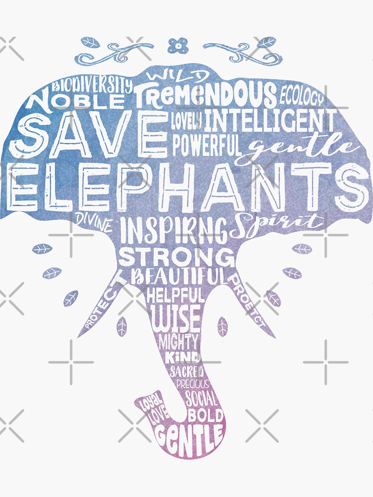 Thumbnail 3 of 3, Sticker, Save Elephants - word cloud silhouette watercolor designed and sold by jitterfly.