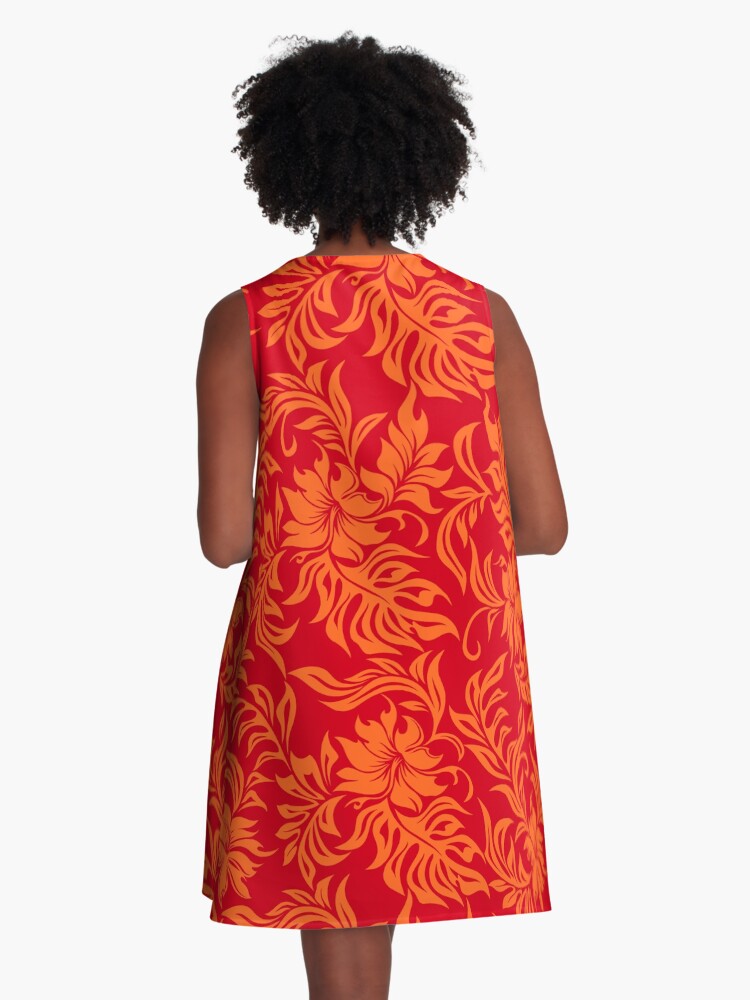 Thumbnail 3 of 4, A-Line Dress, Waikiki Hibiscus Hawaiian Pareau Floral - Red and Orange designed and sold by DriveIndustries.