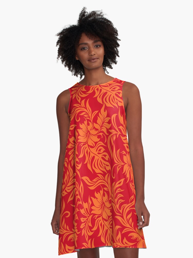 Thumbnail 1 of 4, A-Line Dress, Waikiki Hibiscus Hawaiian Pareau Floral - Red and Orange designed and sold by DriveIndustries.