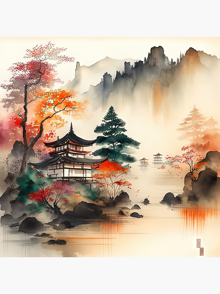 Poster for Sale avec l'œuvre « Peinture de paysage japonais Aquarelle 2 »  de l'artiste wallycobra