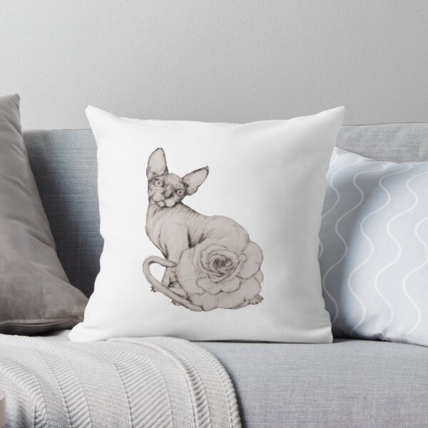 Pink Hairless Sphynx Cat Vintage Rose Flower Floral Design Throw Pillow