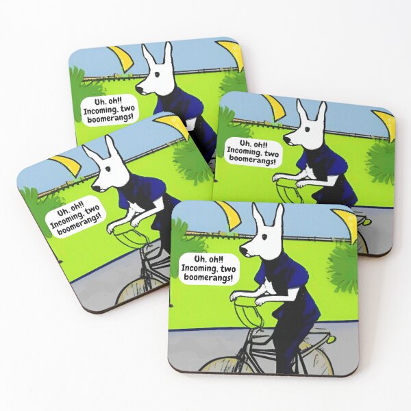 Item preview, Funny kangaroo on bicycle wall art cartoon, "incoming boomerangs!" Kangaroo animal wall decor as prints, on canvas, or posters. Wall art decor for your living room and bedroom. Choice of print sizes. designed and sold by JoelsCorner.