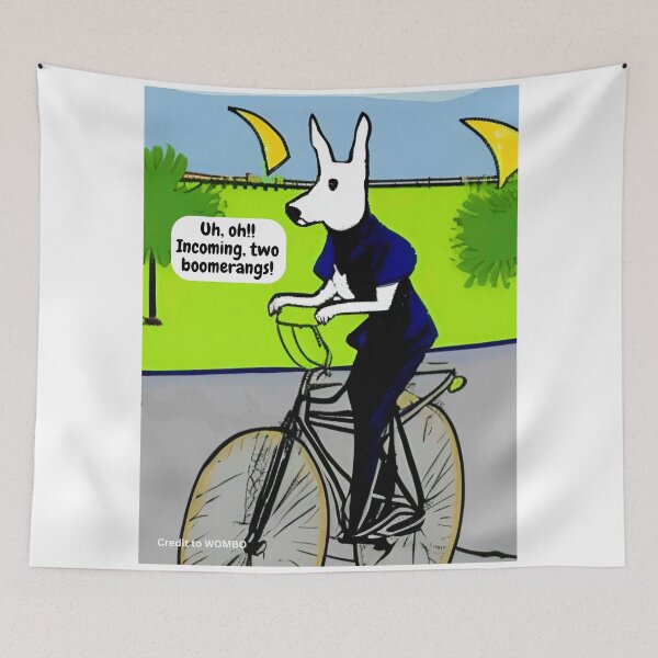Item preview, Funny kangaroo on bicycle wall art cartoon, "incoming boomerangs!" Kangaroo animal wall decor as prints, on canvas, or posters. Wall art decor for your living room and bedroom. Choice of print sizes. designed and sold by JoelsCorner.