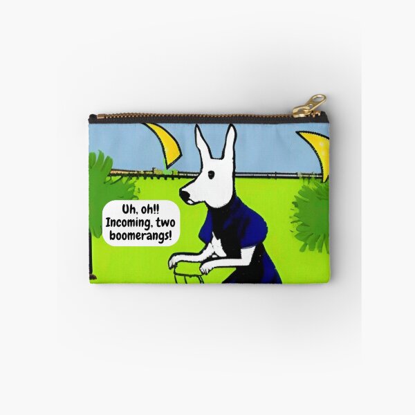Item preview, Funny kangaroo on bicycle wall art cartoon, "incoming boomerangs!" Kangaroo animal wall decor as prints, on canvas, or posters. Wall art decor for your living room and bedroom. Choice of print sizes. designed and sold by JoelsCorner.