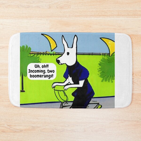 Item preview, Funny kangaroo on bicycle wall art cartoon, "incoming boomerangs!" Kangaroo animal wall decor as prints, on canvas, or posters. Wall art decor for your living room and bedroom. Choice of print sizes. designed and sold by JoelsCorner.