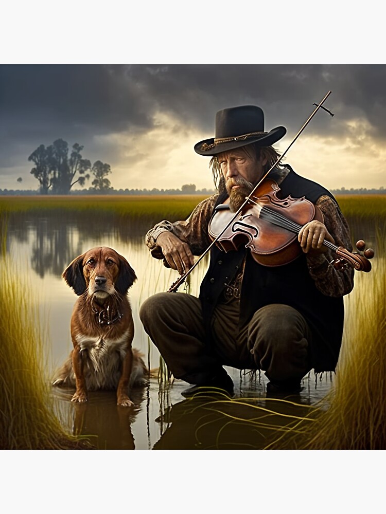 "Cajun Fiddle Player with Dog in Swamps" Sticker for Sale by Bleknervin