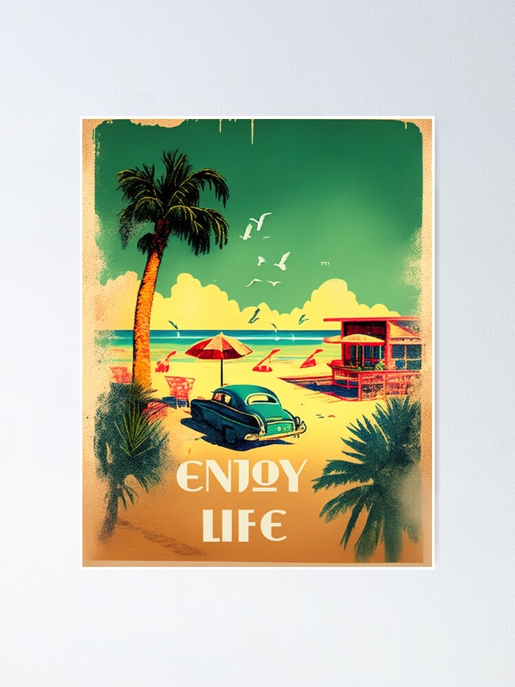 Vintage car on the beach of California near palms and restaurant a retro  and nostalgic | Poster