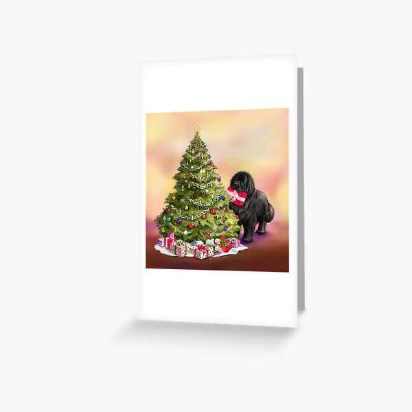 Newfie and Christmas Presents and Tree Greeting Card