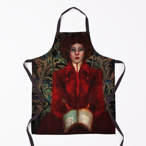 Artikelvorschau, Dark Academia Lowbrow Art Portrait der historischen rubinroten Modeillustration des Bibliothekars mit beleuchtetem Manuskript entworfen und verkauft von Monica Laipple.