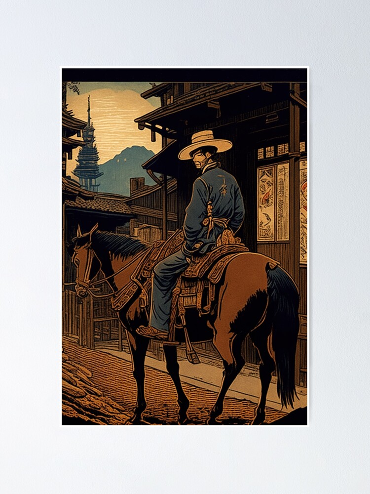 An old peaceful Japanese fisherman seated at a dock with his fishing rod in  hand, whale jumping out of the water in the background an ukiyo-e style  woodblock print Canvas Print for