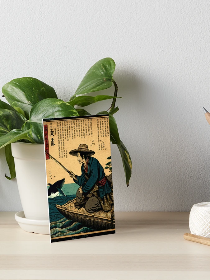 An old peaceful Japanese fisherman seated at a dock with his fishing rod in  hand, whale jumping out of the water in the background an ukiyo-e style