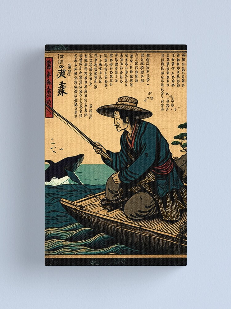 An old peaceful Japanese fisherman seated at a dock with his fishing rod in  hand, whale jumping out of the water in the background an ukiyo-e style  woodblock print Canvas Print for