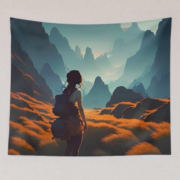 Item preview, A Girl in Mountain Range at Sunset Anime Landscape designed and sold by Trendy-Now.