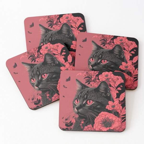 Item preview, cat and floral red pink and black designed and sold by GOODARTENOON.