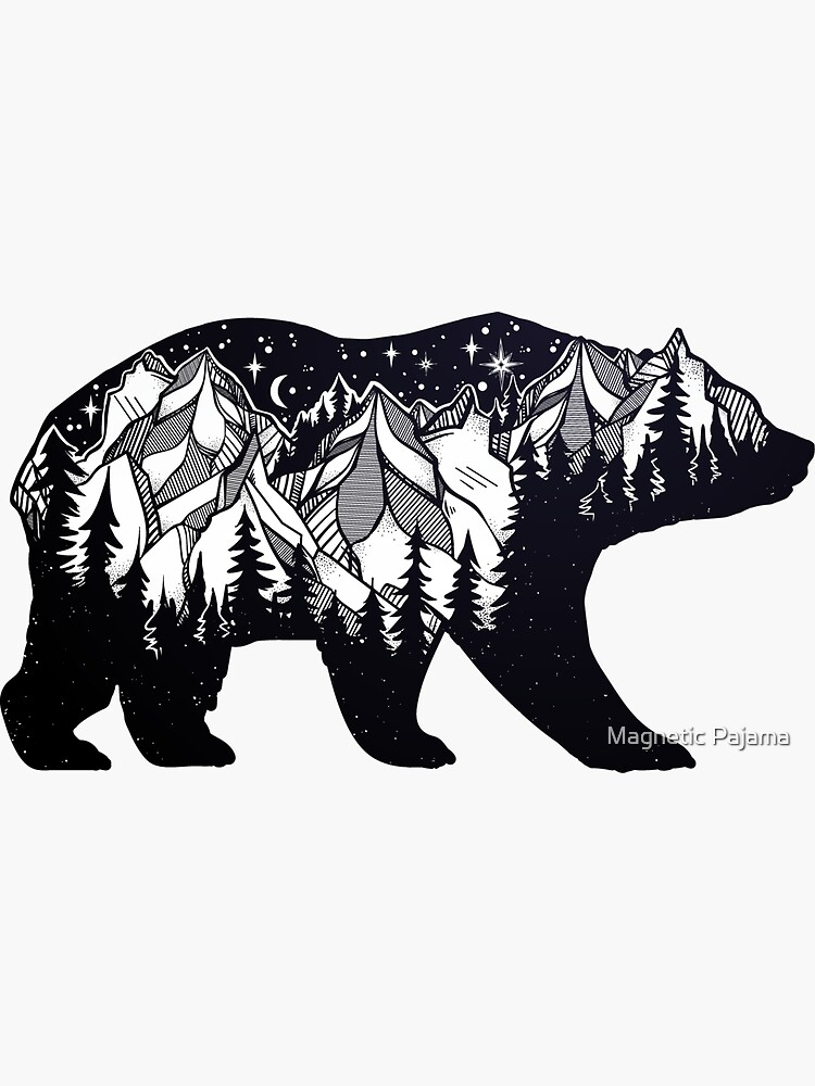 Wanderlust California Bear Silhouette with Mountains Landscape, Trees, Moon & Stars by MagneticMama