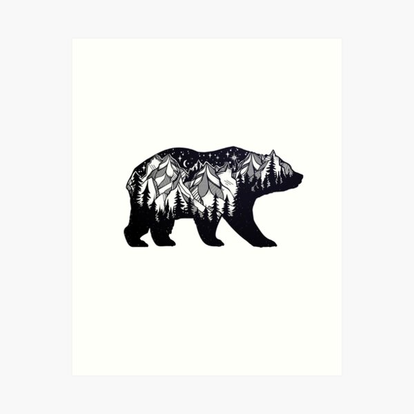 Wanderlust California Bear Silhouette with Mountains Landscape, Trees, Moon & Stars Art Print