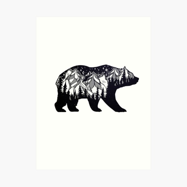 Wanderlust California Bear Silhouette with Mountains Landscape, Trees, Moon & Stars Art Print