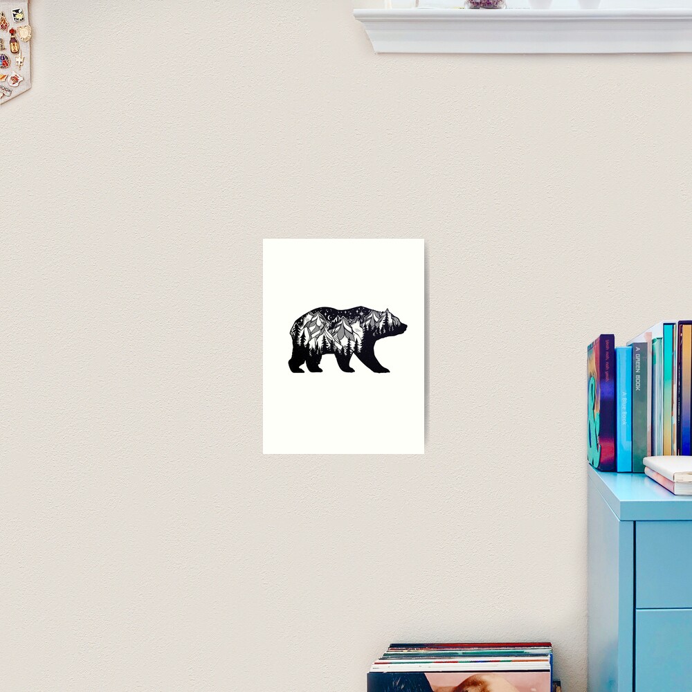 Wanderlust California Bear Silhouette with Mountains Landscape, Trees, Moon & Stars Art Print