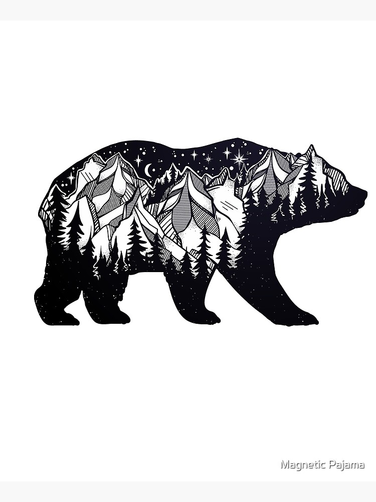 Wanderlust California Bear Silhouette with Mountains Landscape, Trees, Moon & Stars by MagneticMama