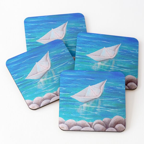 Item preview, Boat Ship hand painted acrylics sea waves sand summer blue sky ocean calm beautiful sunny weather -Blue flowers above fire - hand painted acrylics - Megalakaki Art©️ designed and sold by Megalakaki-Art.