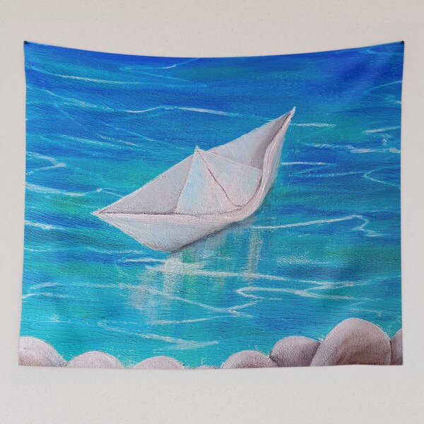 Item preview, Boat Ship hand painted acrylics sea waves sand summer blue sky ocean calm beautiful sunny weather -Blue flowers above fire - hand painted acrylics - Megalakaki Art©️ designed and sold by Megalakaki-Art.