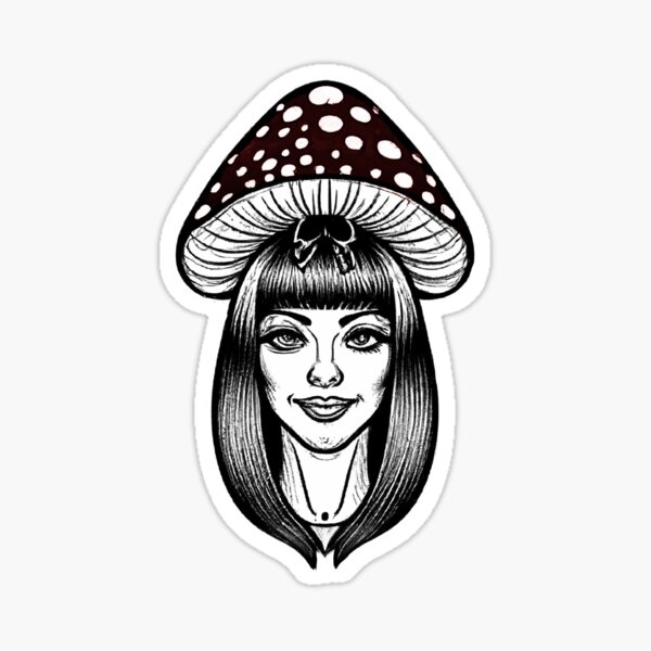 Item preview, Smiling gothic girl with dark hair and mushrooms  designed and sold by WitchyForest.