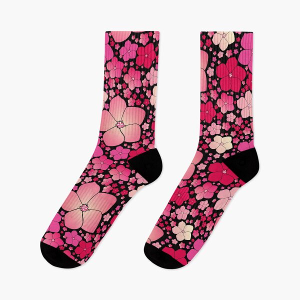 Aperçu de l'œuvre Tossed Five-Petal Pink Flowers on Black Half-Drop Repeat 5748 créée et vendue par Art in My Loft.