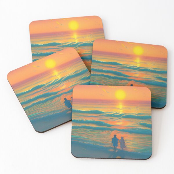 Item preview, Coastal Beach Sunset Landscape Painting - Romantic Scene of a Couple Holding Hands at the Seashore designed and sold by emmtayloor.