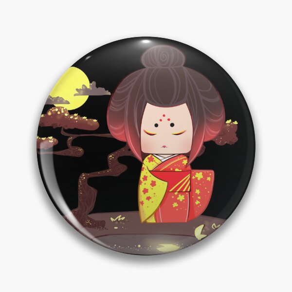 Item preview, Japanese Chibi Art Girl wearing red furisode kimono under moonlight designed and sold by HotaruArt.