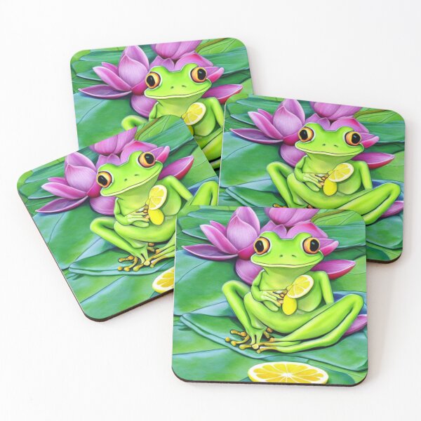 Item preview, Frog Chilling on a Lotus Flower Leaf Eating a Refreshing Lemon Slice designed and sold by HanaiPrint.