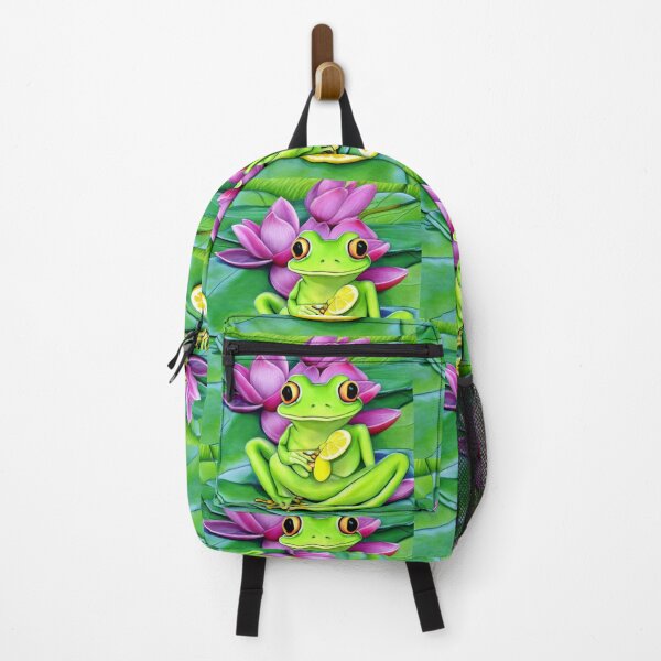 Item preview, Frog Chilling on a Lotus Flower Leaf Eating a Refreshing Lemon Slice designed and sold by HanaiPrint.