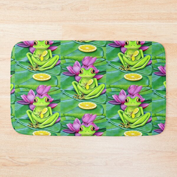 Item preview, Frog Chilling on a Lotus Flower Leaf Eating a Refreshing Lemon Slice designed and sold by HanaiPrint.
