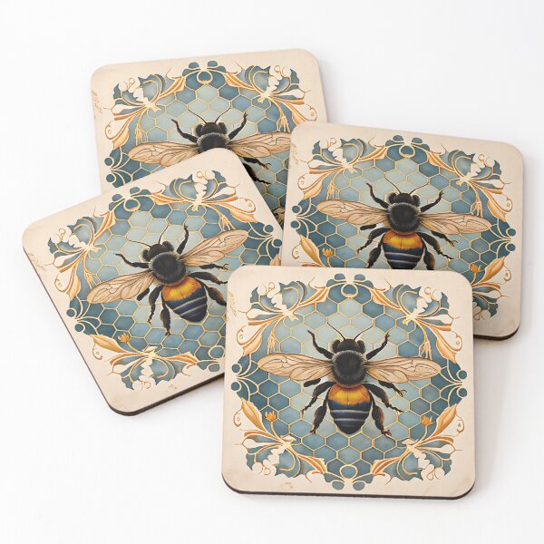 Item preview, Bee Tile Pattern Watercolor Victorian Style Greys Blue and Golds designed and sold by ClairesPatterns.